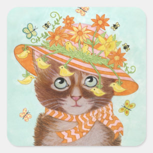 Easter Cat in Easter Bonnet with Butterflies Square Sticker