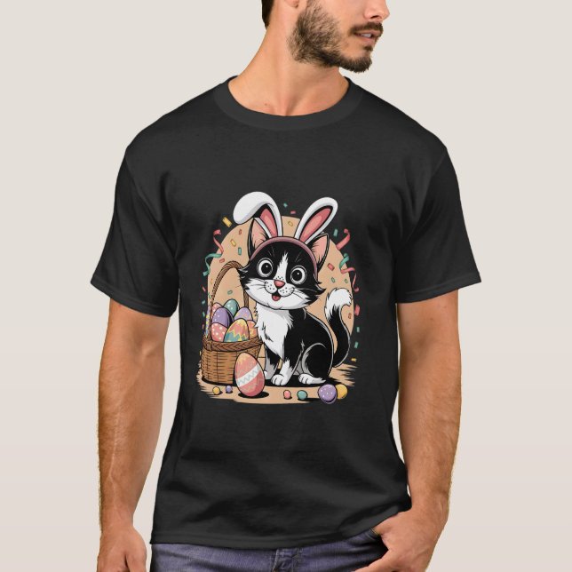 Easter Cat with Bunny Ears Cute Spring Kitty T-Shirt (Front)