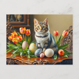 Easter Cat with Eggs and Tulips Postcard