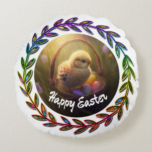 Easter Chick And Bunny Round Pillow