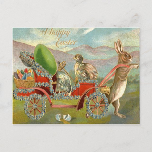 Easter Chick Bunny Egg Car Forget Me Not Holiday Postcard (Front)