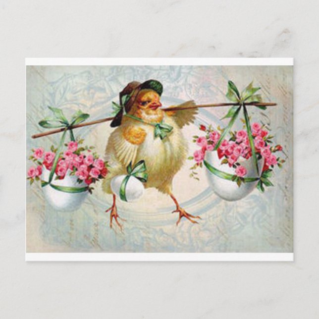 Easter Chick Delivering Flowers Postcard (Front)