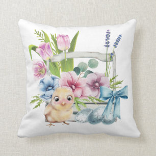 Easter Chick Spring Flowers Eggs Blue Bow Holidays Throw Pillow