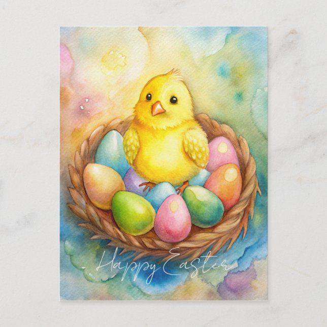 Easter chicken in a nest with eggs Illustration Holiday Postcard (Front)