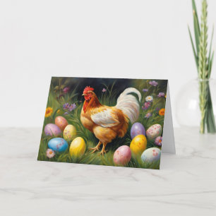 Easter Chicken in the Flower Garden & Easter Eggs Holiday Card