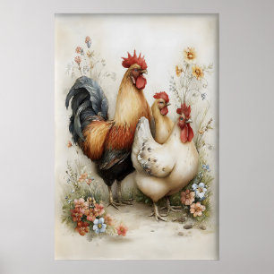 Easter Chicken Rooster Flowers Printable, Vintage Poster