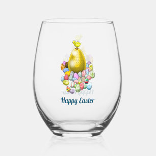 Easter Chicken with Colorful Eggs Stemless Wine Glass