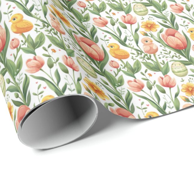 Easter Chicks and Tulips Gift Wrapping Paper (Roll Corner)
