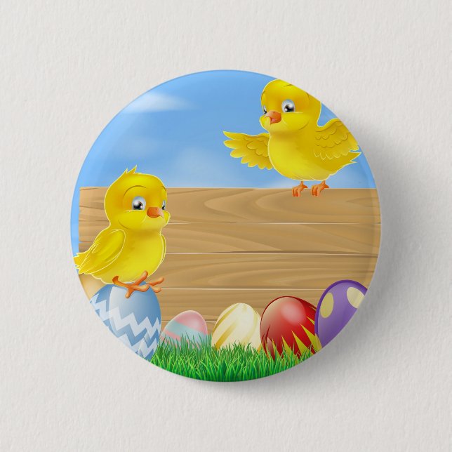 Easter chicks and wooden sign 2 inch round button (Front)