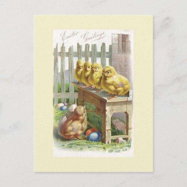 Easter - Chicks, Eggs & Bench - Antique Postcard (Front)