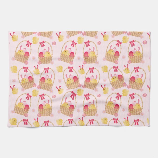 Easter Chicks Pattern Pink Kitchen Towel (Horizontal)