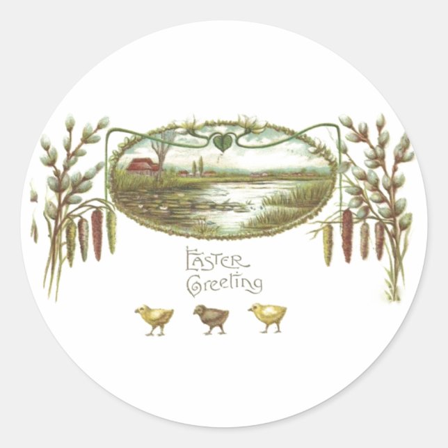 Easter - Chicks & Pond Arts & Crafts Postcard Classic Round Sticker (Front)