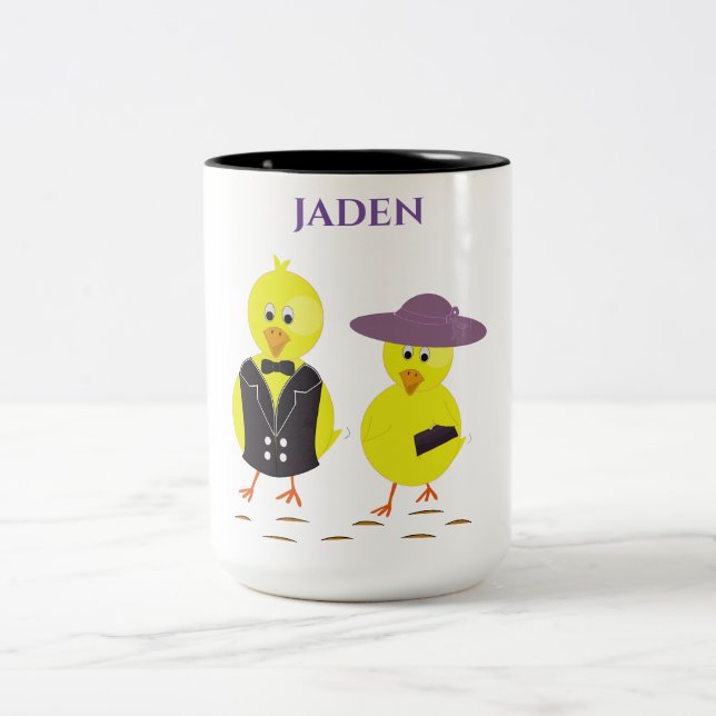 Easter chicks with personalized name. Two-Tone coffee mug (Center)