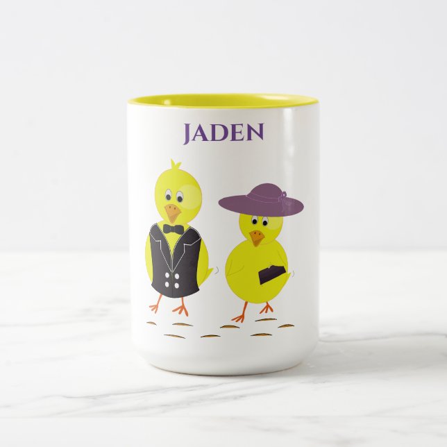 Easter chicks with personalized name. Two-Tone coffee mug (Center)