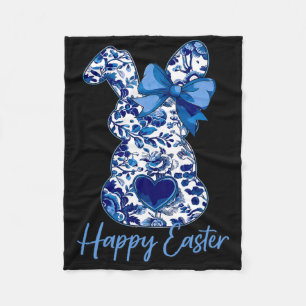 Easter Chinoiserie Floral Bunny With Cute Blue Bow Fleece Blanket