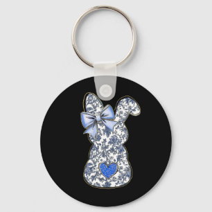 Easter Chinoiserie Floral Bunny With Cute Blue Bow Keychain