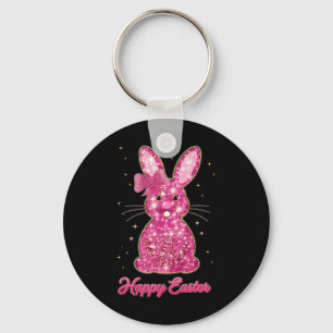 Easter Chinoiserie Floral Bunny With Cute Blue Bow Keychain