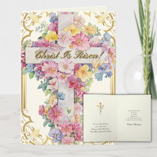 Easter Christ is Risen Floral Cross Prayer  Holiday Card