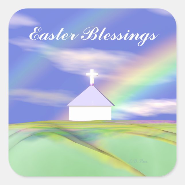 Easter Church and Rainbow Square Sticker (Front)