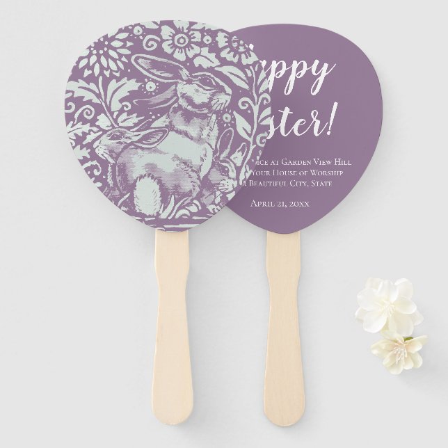 Easter Church Service Purple Bunny Rabbit Custom Hand Fan (Front and Back)