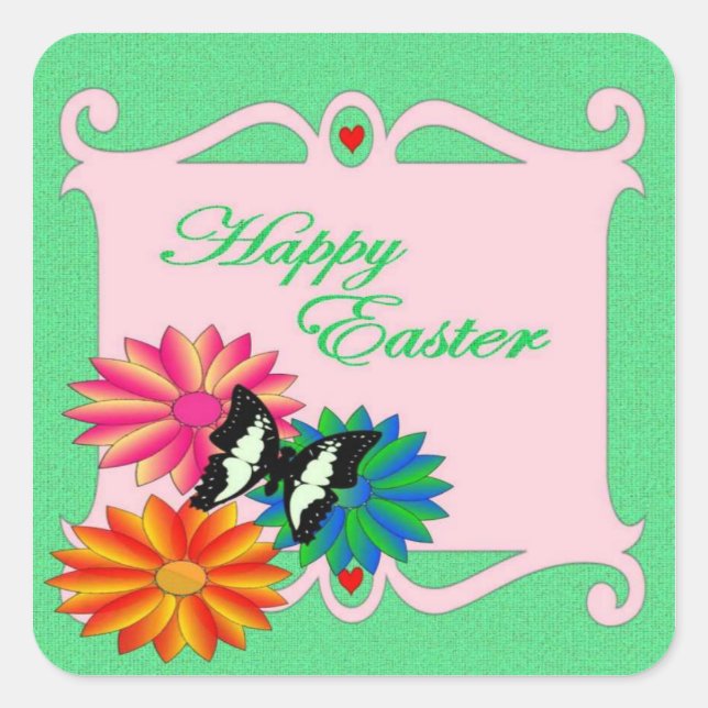 Easter Colourful Flowers and Butterfly Square Sticker (Front)