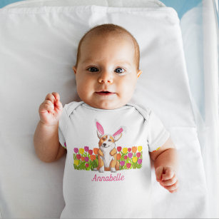 Easter Corgi Easter Bunny Flowers Cute Custom Baby Bodysuit