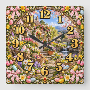 Easter Cottage Garden Bunny Square Wall Clock