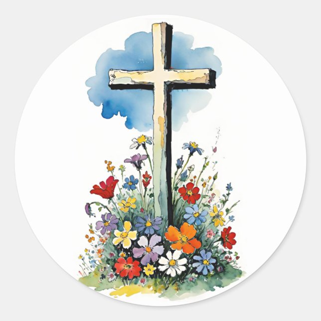 Easter Cross art, AI generated, Classic Round Sticker (Front)
