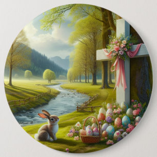 Easter cross with bunny & eggs 6 inch round button