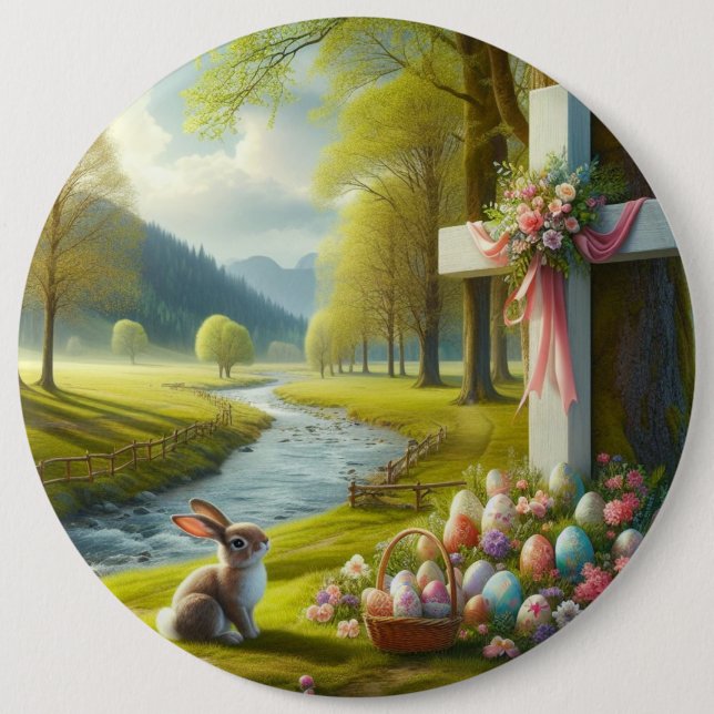 Easter cross with bunny & eggs 6 inch round button (Front)