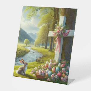 Easter cross with bunny & eggs pedestal sign