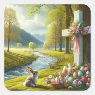 Easter cross with bunny & eggs square sticker