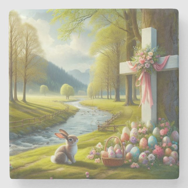 Easter cross with bunny & eggs stone coaster (Front)