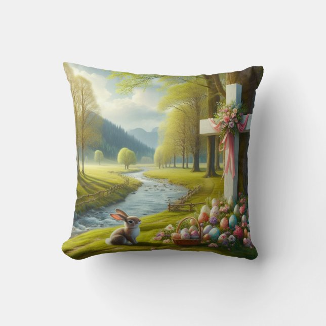 Easter cross with bunny & eggs throw pillow (Front)