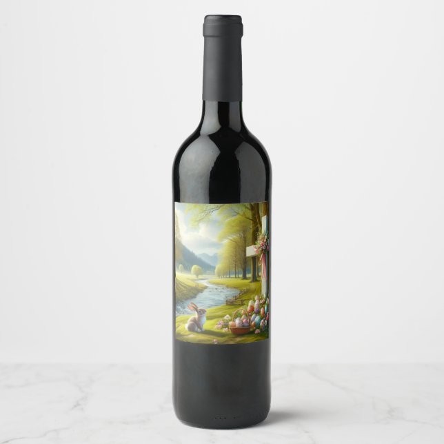 Easter cross with bunny & eggs wine label (Front)