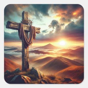 Easter Cross With Crown of Thorns Square Sticker