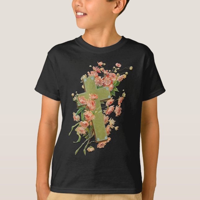 Easter Cross with Pink Flowers Black Unisex Shirt (Front)