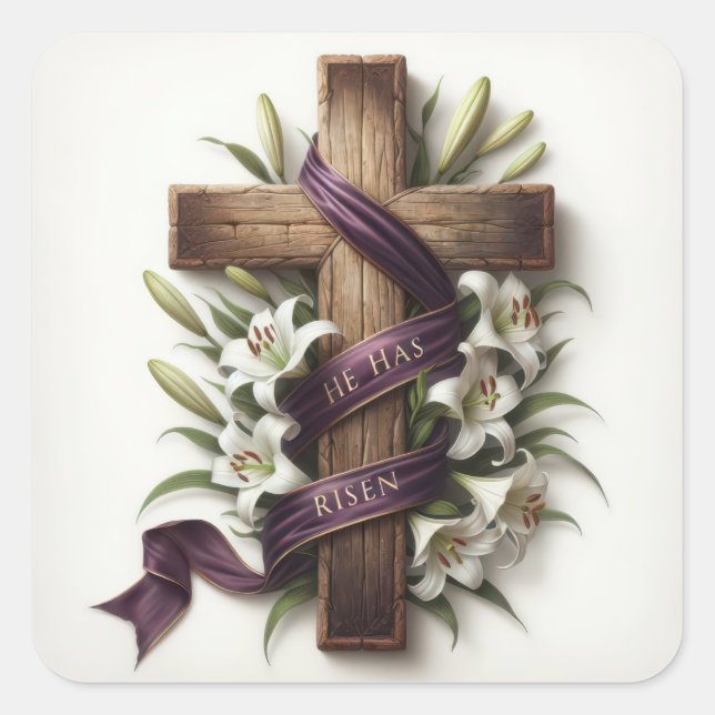 Easter Cross With Purple Ribbon Square Sticker (Front)