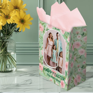 Easter Custom Photo Pastel Pink & Green Florals Medium Gift Bag