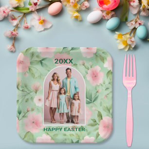 Easter Custom Photo Pastel Pink & Green Florals Paper Plate