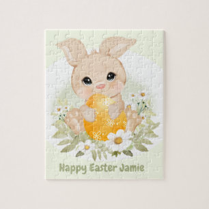 Easter Cute Bunny Yellow Egg Personalized Name Jigsaw Puzzle