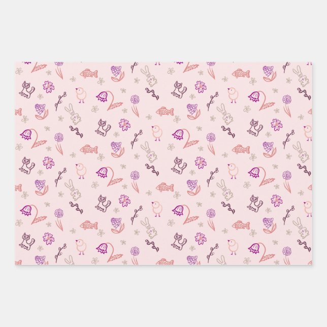 Easter cute doodle animals and flowers wrapping paper sheet (Front)