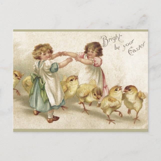 Easter- Cute Girls with Chicks-Vintage Postcard (Front)