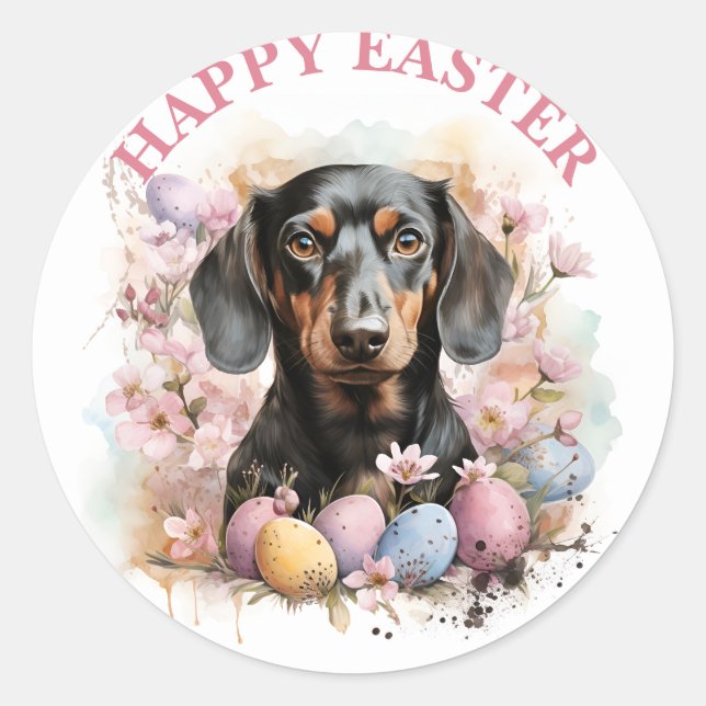 Easter Dachshund Chocolate  Eggs and Flowers -   Classic Round Sticker (Front)