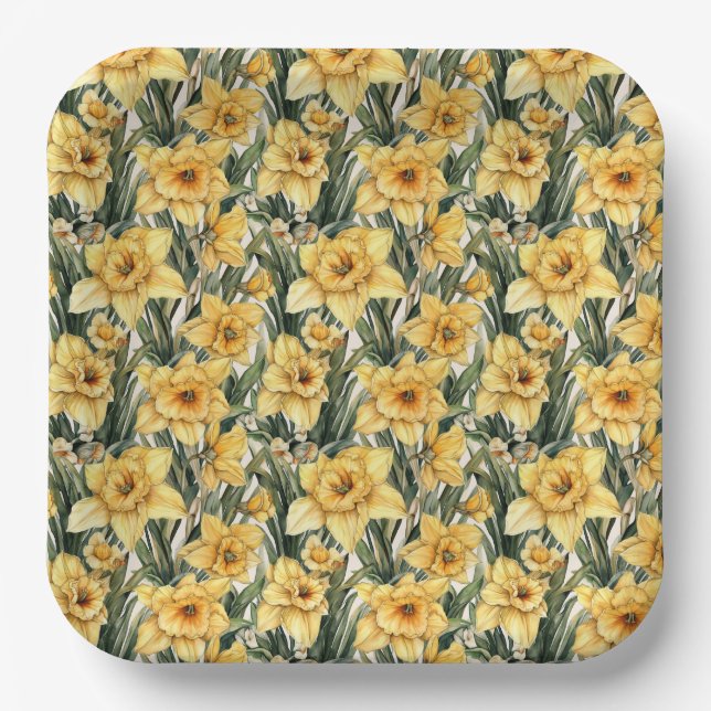 Easter Daffodil Yellow flowers Watercolor Pattern Paper Plate (Front)