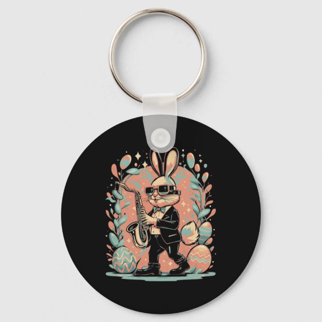Easter Day Bunny Jazz Saxophone  Keychain (Front)