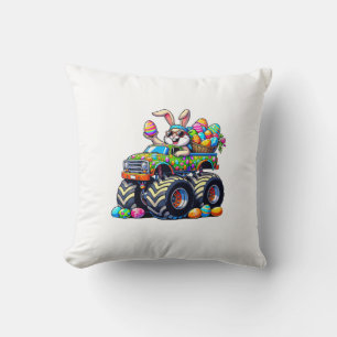 Easter Day Bunny Monster Truck Eggs Cool Rabbit T- Throw Pillow