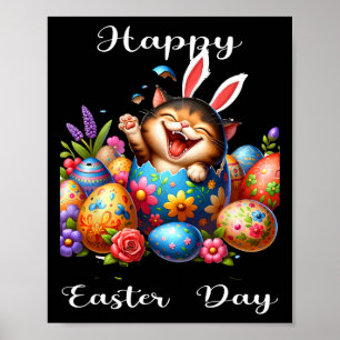 Easter Day Cat Bunny Ears Eggs For Men Women Kids  Poster