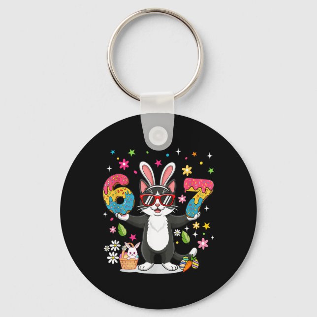 Easter Day Cat Eggs Funny Bunny Six Seven 67 Keychain (Front)