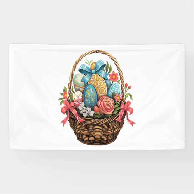 Easter Day Easter Basket Colourful Eggs Flowers   Banner (Horizontal)